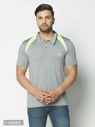 Men's Grey  Neon Green Stripe Running,Gym wear  Active wear Polo Collar Sports T-shirt-thumb0