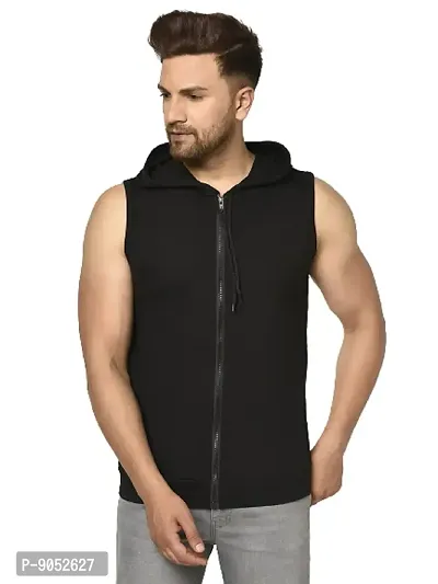 Glito Men's Solid Black Sleeveless Hooded T-Shirt with Front Zip-thumb0