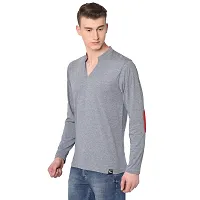 Glito Men's Gray with Red Arm Patch V Neck semi Collar Full Sleeve Slim Fit Stylish Cotton T-Shirt/T-Shirts for Men's-thumb1