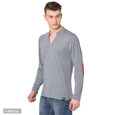 Glito Men's Gray with Red Arm Patch V Neck semi Collar Full Sleeve Slim Fit Stylish Cotton T-Shirt/T-Shirts for Men's-thumb2