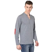 Glito Men's Gray with Red Arm Patch V Neck semi Collar Full Sleeve Slim Fit Stylish Cotton T-Shirt/T-Shirts for Men's-thumb2