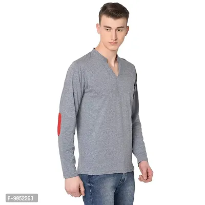 Glito Men's Gray with Red Arm Patch V Neck semi Collar Full Sleeve Slim Fit Stylish Cotton T-Shirt/T-Shirts for Men's-thumb3