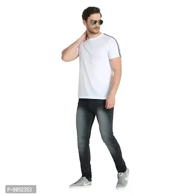 Glito Men's Round Neck Slim Fit Half Sleeve T-Shirts with Tape on Shoulder and Arm - White,-thumb5