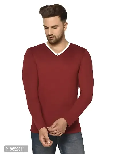 Glito Men's Solid Maroon V-Neck Full Sleeve Tshirt for Men-thumb0