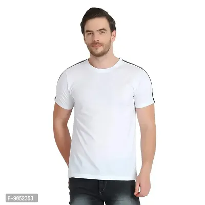 Glito Men's Round Neck Slim Fit Half Sleeve T-Shirts with Tape on Shoulder and Arm - White,-thumb0