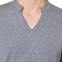 Glito Men's Gray with Red Arm Patch V Neck semi Collar Full Sleeve Slim Fit Stylish Cotton T-Shirt/T-Shirts for Men's-thumb4