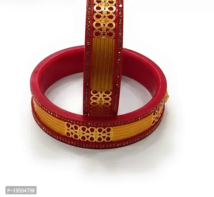 Heemaani Red  Golden Flower with Fixed Stone Glossy Pola Bangle for Women (size2-6) Pack of 2-thumb2