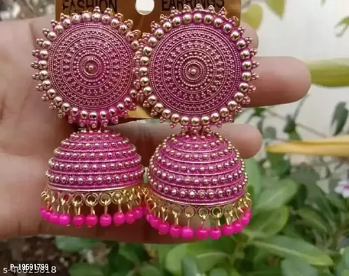 MANMORA Traditional Jhumki Earring For Women | Girls Ethnic Bridal Wedding Indian Pearl Hangings Meena Kari Jhumka Earring Jewellery for Women/Girls (Pink)-thumb2