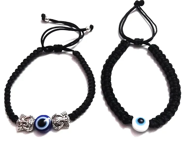 MANMORA Silk Black Thread Blue Evil Eye With Silver Shaded Ganesh Beads  White Evil Bracelet Pack of 2 Bracelet for Girls | Boys | Men | Women