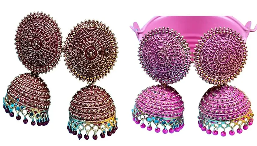 MANMORA Traditional Jhumki With 2 Color Combo Earring For Women | Girls Ethnic Bridal Wedding Indian Pearl Hangings Meena Kari Jhumka Earring Jewellery for Women/Girls (White)