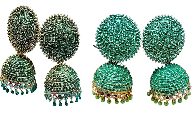 MANMORA Traditional Jhumki With 2 Color Combo Earring For Women | Girls Ethnic Bridal Wedding Indian Pearl Hangings Meena Kari Jhumka Earring Jewellery for Women/Girls (Sea Green) and (Green) (Combo C)