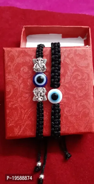 MANMORA Silk Black Thread Blue Evil Eye With Silver Shaded Ganesh Beads  White Evil Bracelet Pack of 2 Bracelet for Girls | Boys | Men | Women-thumb3
