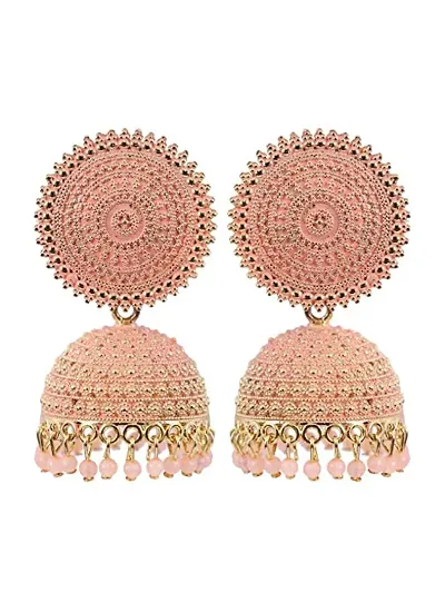 Shritesh Jhumki Earrings for Women- Traditional Bollywood Ethnic Bridal Wedding Indian Pearl Hangings Meenakari jhumka Jewellery for Women/Girls (Peach-Gold)