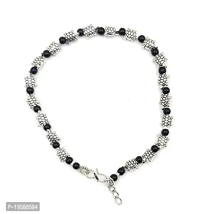 MANMORA new trendy artificial silver shaded turtle with black beads single leg chain Anklet| payal |Good luck| Anklet For Teenager| Girls|Women|Adjustable,Free Size [Single Piece]
