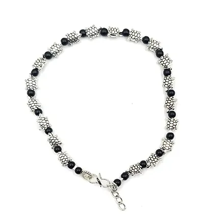 MANMORA new trendy artificial silver shaded turtle with black beads single leg chain Anklet| payal |Good luck| Anklet For Teenager| Girls|Women|Adjustable,Free Size [Single Piece]