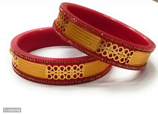 Heemaani Red  Golden Flower with Fixed Stone Glossy Pola Bangle for Women (size2-6) Pack of 2-thumb0