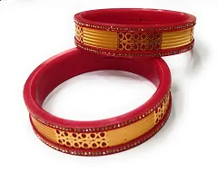 Heemaani Red  Golden Flower with Fixed Stone Glossy Pola Bangle for Women (size2-6) Pack of 2-thumb2