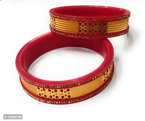 Heemaani Red  Golden Flower with Fixed Stone Glossy Pola Bangle for Women (size2-6) Pack of 2-thumb3