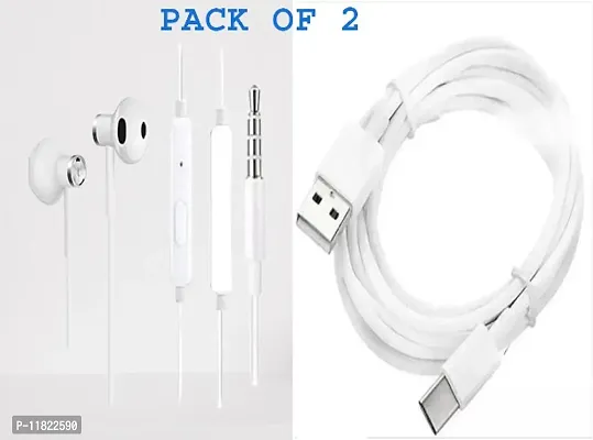High Good Sound White Case Earphone With Fast Charging C Type Data Cable Color White For All Android Smartphones Pack Of 2