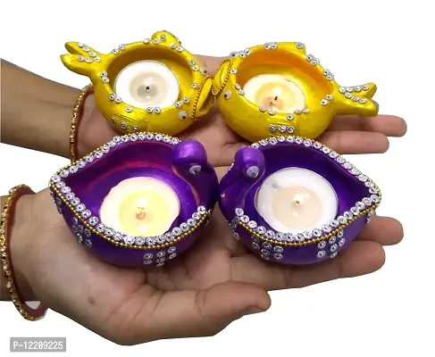 StepsToDo Clay Fish and Peacock Diya. Festive Decoration Handmade Earthen Clay Diya Lamp Set of 4