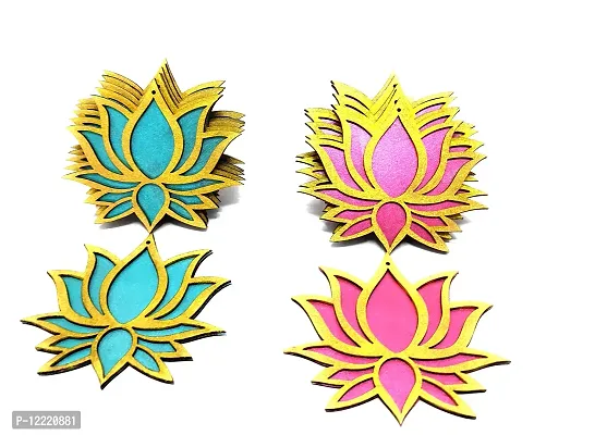 StepsToDo Set of 12 Golden Framed Lotus Flower Shape Wooden Cutout | Rose Pink (6) Ocean Blue (6) | Lotus DIY Rangoli Kit | Diwali, Dashera Decoration, for Pooja, Festival Gift, Wedding Decorations