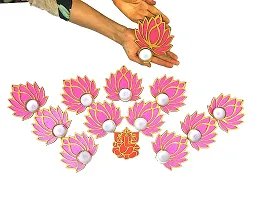 StepsToDo Set of 12 Golden Lotus Wooden Cutout with Diya. Pink Lotus with Diya Holder with Tea Light Candle/Diya and Golden Candel/Diya Holder.-thumb2