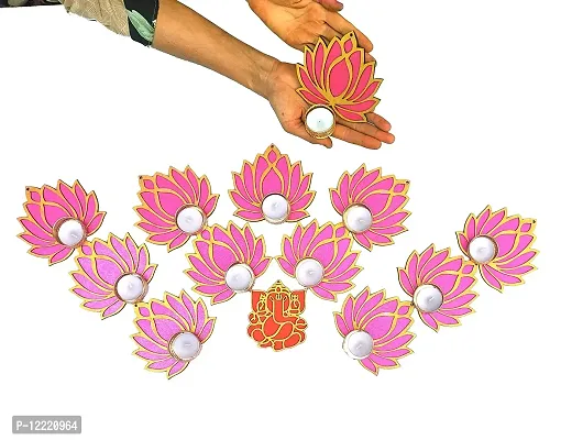 StepsToDo Set of 12 Golden Lotus Wooden Cutout with Diya. Pink Lotus with Diya Holder with Tea Light Candle/Diya and Golden Candel/Diya Holder.-thumb3