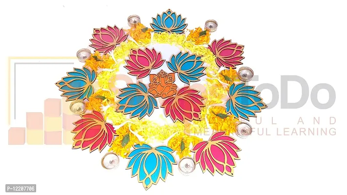 StepsToDo Set of 12 Golden Lotus Wooden Cutout | Rose Pink (6) Ocean Blue (6) | Lotus DIY Rangoli Kit | Decoration for Diwali, Dashera | For Rangoli, Pooja, Decorations, Festival Gift, Wedding Decorations-thumb3