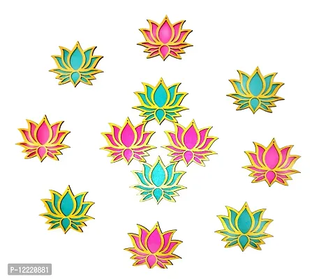 StepsToDo Set of 12 Golden Framed Lotus Flower Shape Wooden Cutout | Rose Pink (6) Ocean Blue (6) | Lotus DIY Rangoli Kit | Diwali, Dashera Decoration, for Pooja, Festival Gift, Wedding Decorations-thumb3