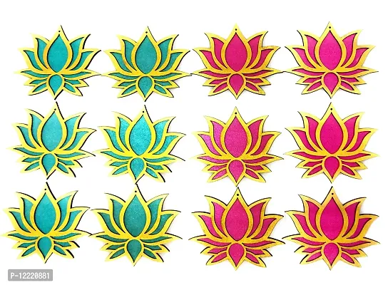 StepsToDo Set of 12 Golden Framed Lotus Flower Shape Wooden Cutout | Rose Pink (6) Ocean Blue (6) | Lotus DIY Rangoli Kit | Diwali, Dashera Decoration, for Pooja, Festival Gift, Wedding Decorations-thumb4