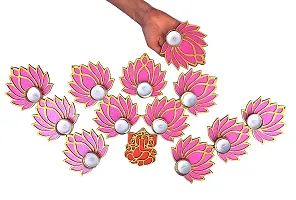 StepsToDo Set of 12 Golden Lotus Wooden Cutout with Diya. Pink Lotus with Diya Holder with Tea Light Candle/Diya and Golden Candel/Diya Holder.-thumb1