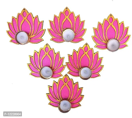 StepsToDo Set of 12 Golden Lotus Wooden Cutout with Diya. Pink Lotus with Diya Holder with Tea Light Candle/Diya and Golden Candel/Diya Holder.-thumb5