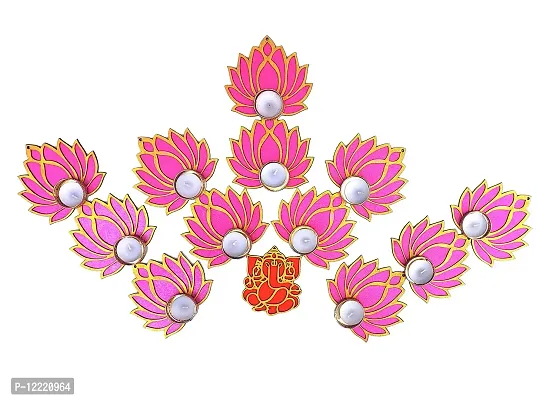 StepsToDo Set of 12 Golden Lotus Wooden Cutout with Diya. Pink Lotus with Diya Holder with Tea Light Candle/Diya and Golden Candel/Diya Holder.-thumb0