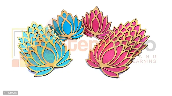 StepsToDo Set of 12 Golden Lotus Wooden Cutout | Rose Pink (6) Ocean Blue (6) | Lotus DIY Rangoli Kit | Decoration for Diwali, Dashera | For Rangoli, Pooja, Decorations, Festival Gift, Wedding Decorations-thumb2