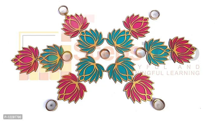 StepsToDo Set of 12 Golden Lotus Wooden Cutout | Rose Pink (6) Ocean Blue (6) | Lotus DIY Rangoli Kit | Decoration for Diwali, Dashera | For Rangoli, Pooja, Decorations, Festival Gift, Wedding Decorations-thumb4