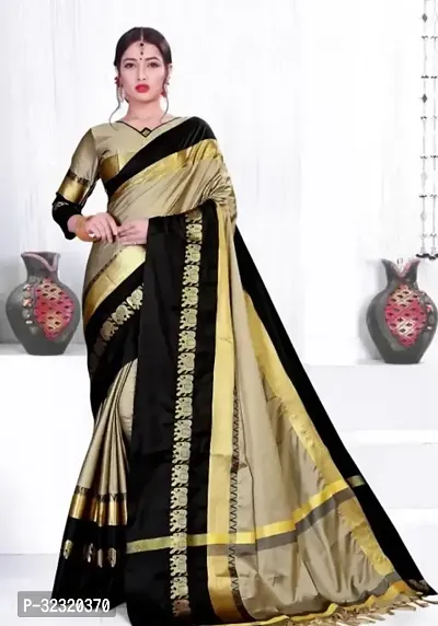 Elegant Beige Cotton Silk Zari Saree With Blouse Piece For Women-thumb0