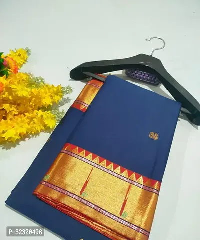 Elegant Navy Blue Cotton Silk Zari Saree With Blouse Piece For Women-thumb0