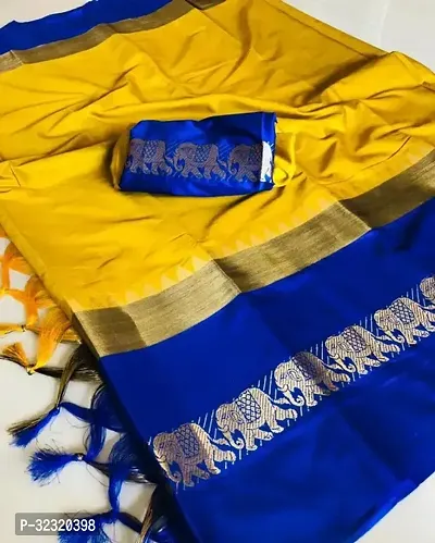 Elegant Yellow Cotton Silk Zari Saree With Blouse Piece For Women-thumb0