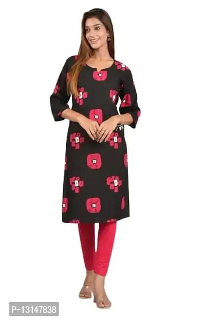 FabRay Rayon Printed Straight Regular Fit Kurti for Women's & Girls (Large, Black)