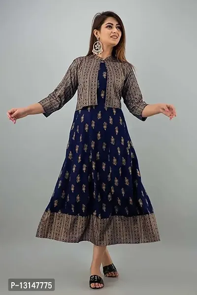 FabRay Women Rayon Printed Stylish Anarkali Kurta with Stylish Jacket Look Like Gorgeous, Festive, Causal, Work (Medium, Blue)-thumb4