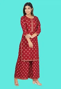 Women Rayon Gold Foil Printed Straight Kurta Palazzo Set with Round Neck in 3/4 Sleeve for Casual Party  Festival Wear Set for Girls-thumb1