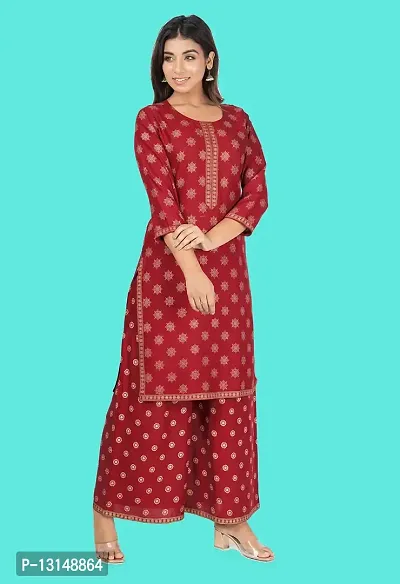 Women Rayon Gold Foil Printed Straight Kurta Palazzo Set with Round Neck in 3/4 Sleeve for Casual Party  Festival Wear Set for Girls-thumb2