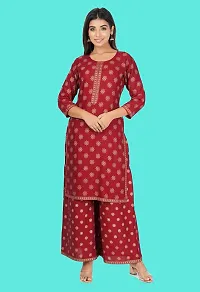 Women Rayon Gold Foil Printed Straight Kurta Palazzo Set with Round Neck in 3/4 Sleeve for Casual Party  Festival Wear Set for Girls-thumb3