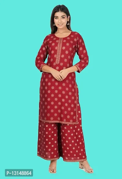 Women Rayon Gold Foil Printed Straight Kurta Palazzo Set with Round Neck in 3/4 Sleeve for Casual Party  Festival Wear Set for Girls-thumb4