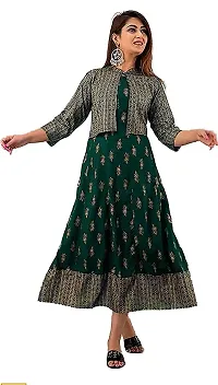 FabRay Women Rayon Printed Stylish Anarkali Kurta with Stylish Jacket Look Like Gorgeous, Festive, Causal, Work (Small, Green)-thumb1
