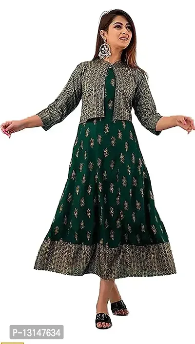 FabRay Women Rayon Printed Stylish Anarkali Kurta with Stylish Jacket Look Like Gorgeous, Festive, Causal, Work (Small, Green)-thumb2