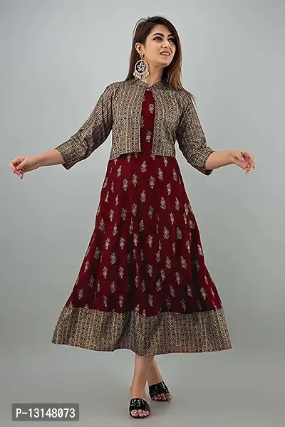 FabRay Women Rayon Printed Stylish Anarkali Kurta with Stylish Jacket Look Like Gorgeous, Festive, Causal, Work (Small, Maroon)-thumb5