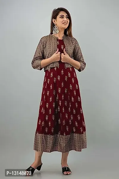 FabRay Women Rayon Printed Stylish Anarkali Kurta with Stylish Jacket Look Like Gorgeous, Festive, Causal, Work (Small, Maroon)-thumb2