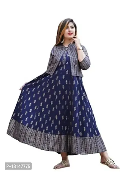 FabRay Women Rayon Printed Stylish Anarkali Kurta with Stylish Jacket Look Like Gorgeous, Festive, Causal, Work (Medium, Blue)