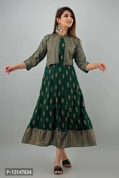 FabRay Women Rayon Printed Stylish Anarkali Kurta with Stylish Jacket Look Like Gorgeous, Festive, Causal, Work (Small, Green)-thumb3